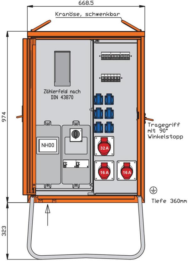 ARDEBO.de Walther Werke WAV0131BR1 Anschlussverteiler 44kVA mit Zählerplatz,RCD TypB, 3 CEE-Abgänge 16-32A und 6 Schukos