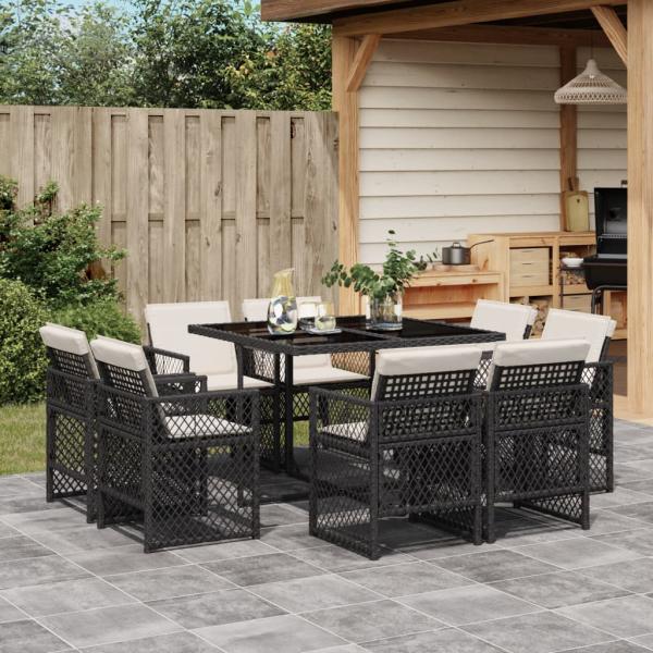 ARDEBO.de - 9-tlg. Garten-Essgruppe mit Kissen Schwarz Poly Rattan