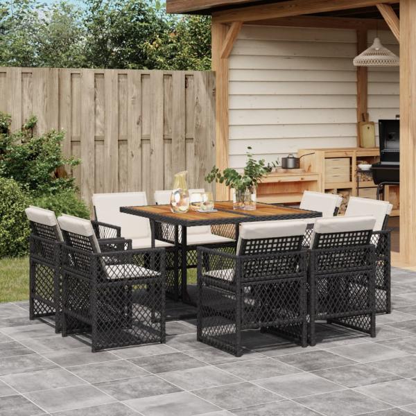ARDEBO.de - 9-tlg. Garten-Essgruppe mit Kissen Schwarz Poly Rattan