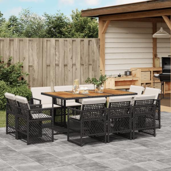 ARDEBO.de - 11-tlg. Garten-Essgruppe mit Kissen Schwarz Poly Rattan