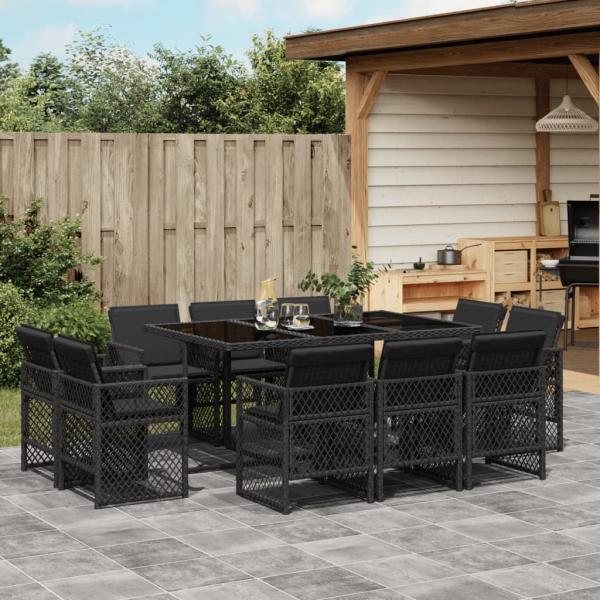 ARDEBO.de - 11-tlg. Garten-Essgruppe mit Kissen Schwarz Poly Rattan