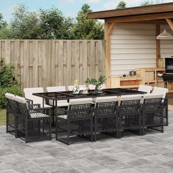 ARDEBO.de - 13-tlg. Garten-Essgruppe mit Kissen Schwarz Poly Rattan