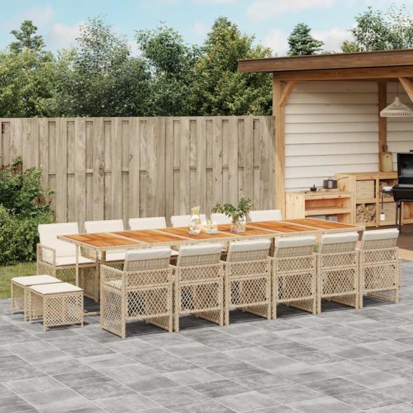 ARDEBO.de - 17-tlg. Garten-Essgruppe mit Kissen Beige Poly Rattan