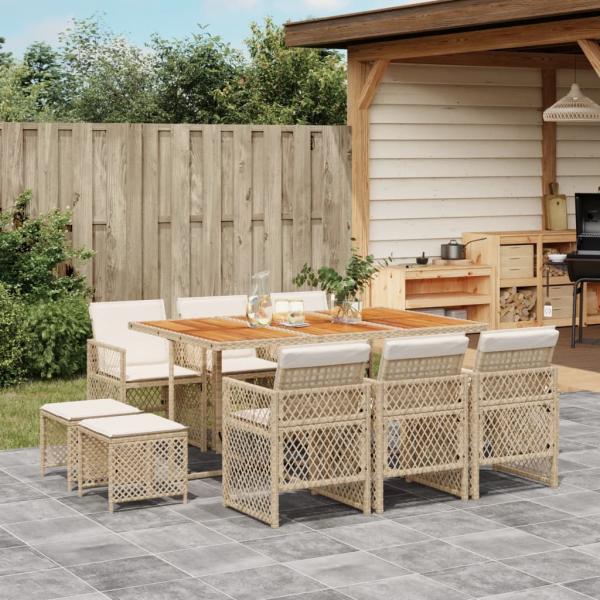 ARDEBO.de - 11-tlg. Garten-Essgruppe mit Kissen Beige Poly Rattan