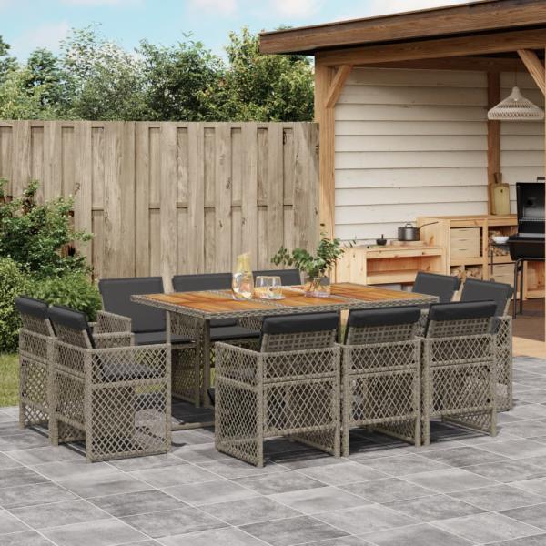 ARDEBO.de - 11-tlg. Garten-Essgruppe mit Kissen Grau Poly Rattan