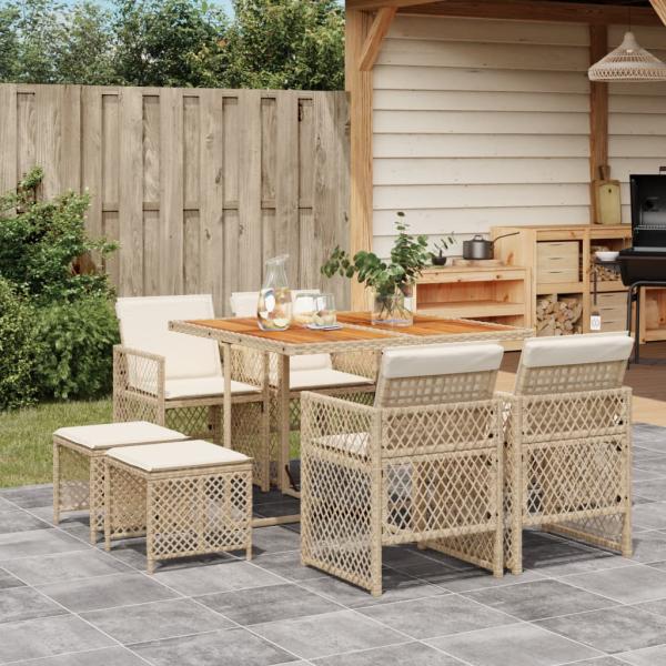ARDEBO.de - 9-tlg. Garten-Essgruppe mit Kissen Beige Poly Rattan