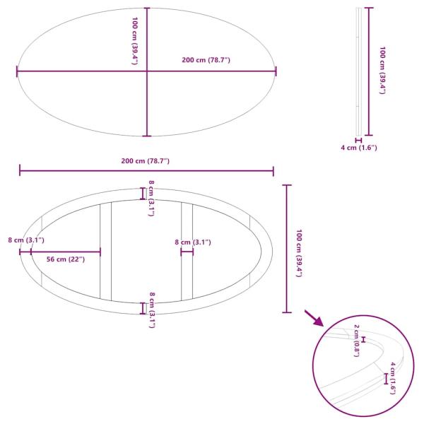Tischplatte Hellbraun 200x100x4 cm Massivholz Eiche Oval