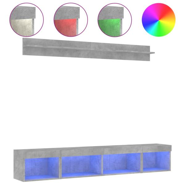 5-tlg. Wohnwand mit LED-Beleuchtung Betongrau Holzwerkstoff