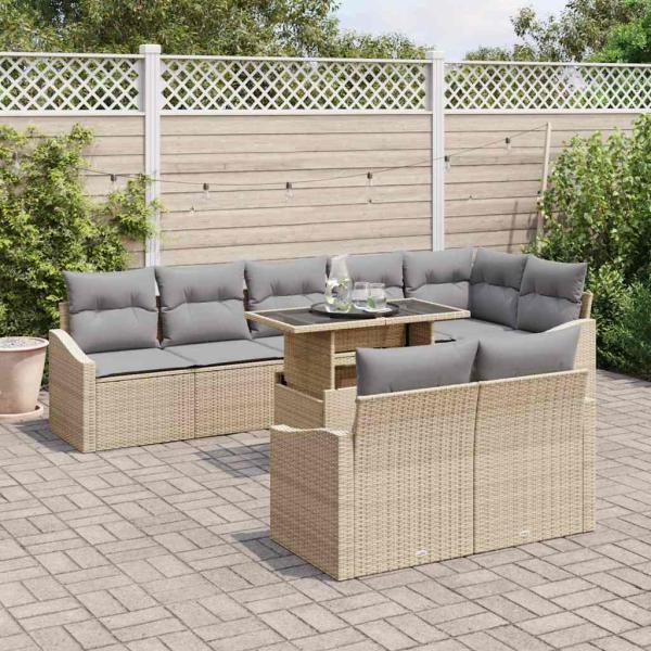 Gartensofa-set mit Kissen 9 pcs Beige und Hellgrau Poly-Rattan
