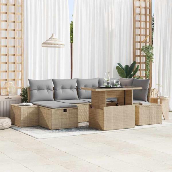 ARDEBO.de - Garten-Sofa-Set mit Kissen mit Speicher 7 pcs Beige Poly Rattan