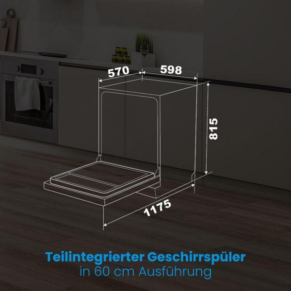 Bomann GSPE 7423 TI Teilintegrierter Einbau-Geschirrspüler, 59,8cm breit, 14 Maßgedecke, Aquastop-Schlauch, Bedienblende Edelstahl (774230)