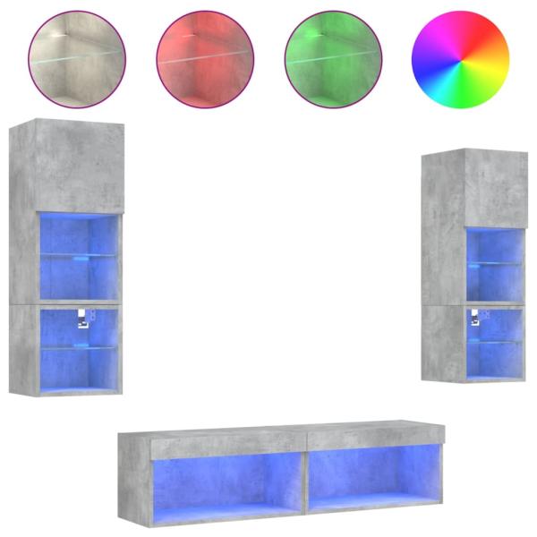 6-tlg. Wohnwand mit LED-Beleuchtung Betongrau Holzwerkstoff