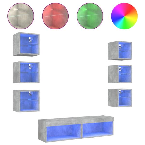 8-tlg. Wohnwand mit LED-Beleuchtung Betongrau Holzwerkstoff