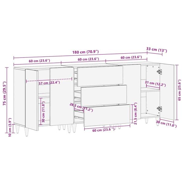 Sideboard Set 3 pcs Braun 180 x 33 x 75 cm Massivholz Mango
