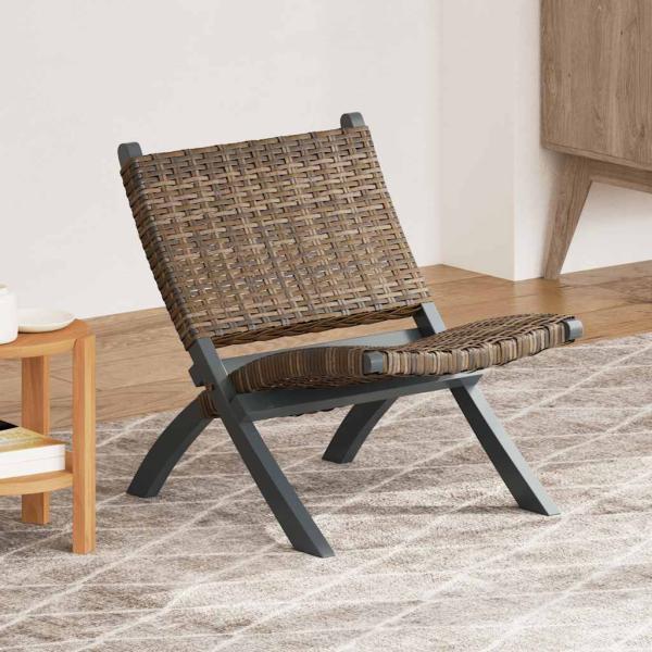 Relaxstuhl Grau Natur Kubu-Rattan und Massivholz Mahagoni