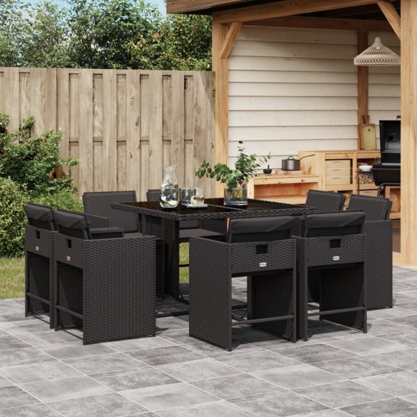 ARDEBO.de - 9-tlg. Garten-Essgruppe mit Kissen Schwarz Poly Rattan