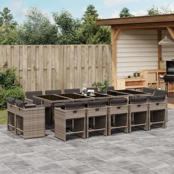 ARDEBO.de - 15-tlg. Garten-Essgruppe mit Kissen Grau Poly Rattan