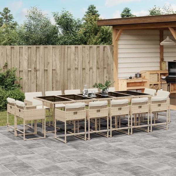 ARDEBO.de - 15-tlg. Garten-Essgruppe mit Kissen Beige Poly Rattan