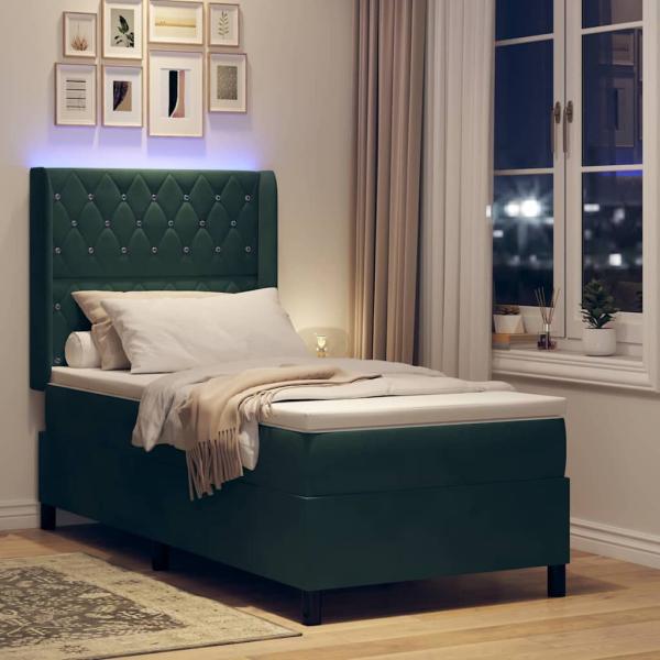 LED Boxspringbett mit Matratze Dunkelgrün 90 x 200 cm Samt