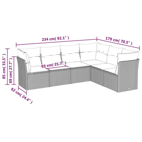 6-teiliges Gartensofa-Set mit Kissen, grau, Polyrattan
