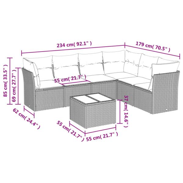 7-teiliges Gartensofa-Set mit Kissen, grau, Polyrattan