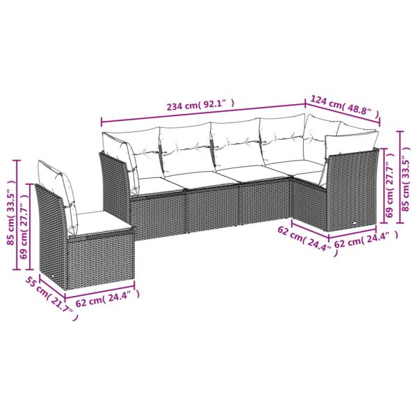 6-teiliges Gartensofa-Set mit Kissen, grau, Polyrattan