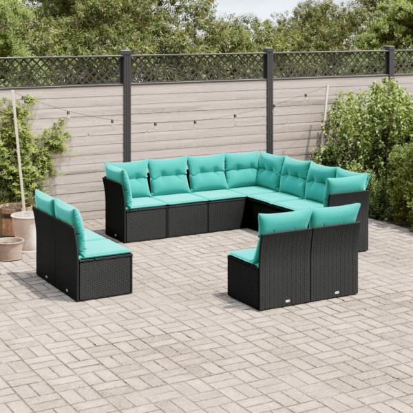 ARDEBO.de - 11-teiliges Gartensofa-Set mit Kissen, schwarzes Polyrattan