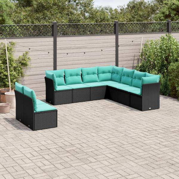 ARDEBO.de - 9-teiliges Gartensofa-Set mit Kissen, schwarzes Polyrattan