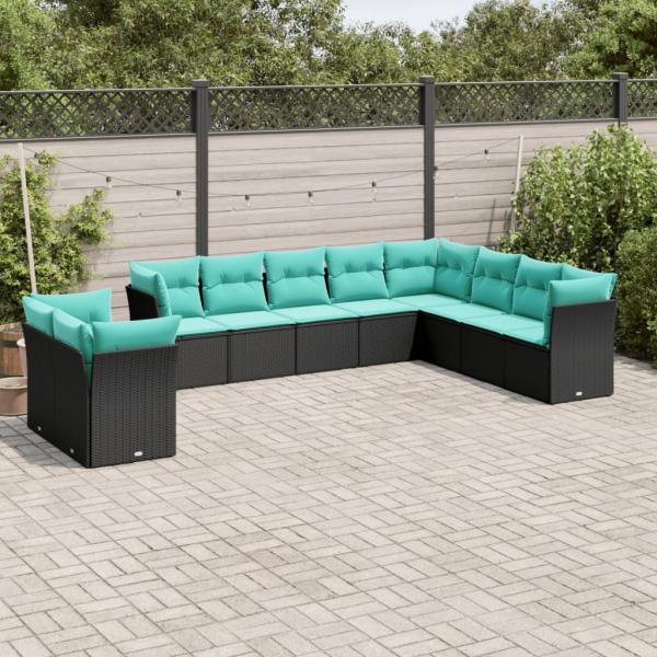 ARDEBO.de - 10-teiliges Gartensofa-Set mit Kissen, schwarzes Polyrattan