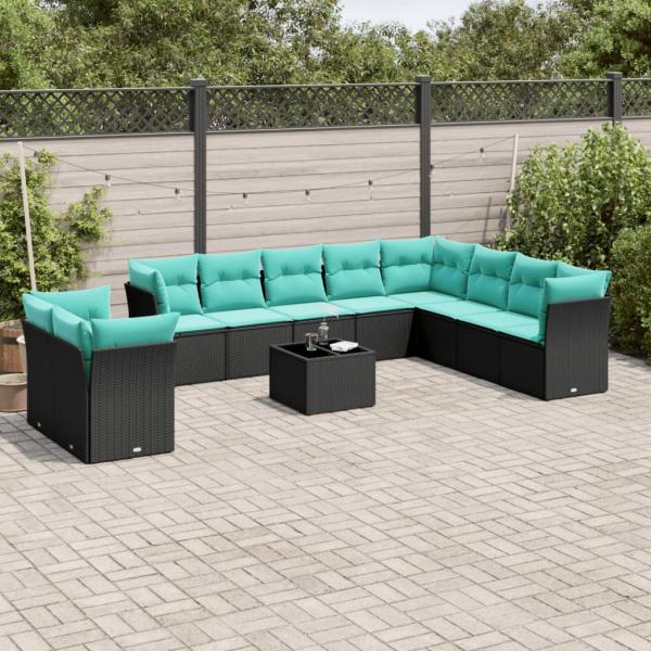 ARDEBO.de - 11-teiliges Gartensofa-Set mit Kissen, schwarzes Polyrattan