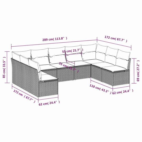 9-teiliges Gartensofa-Set mit Kissen, schwarzes Polyrattan