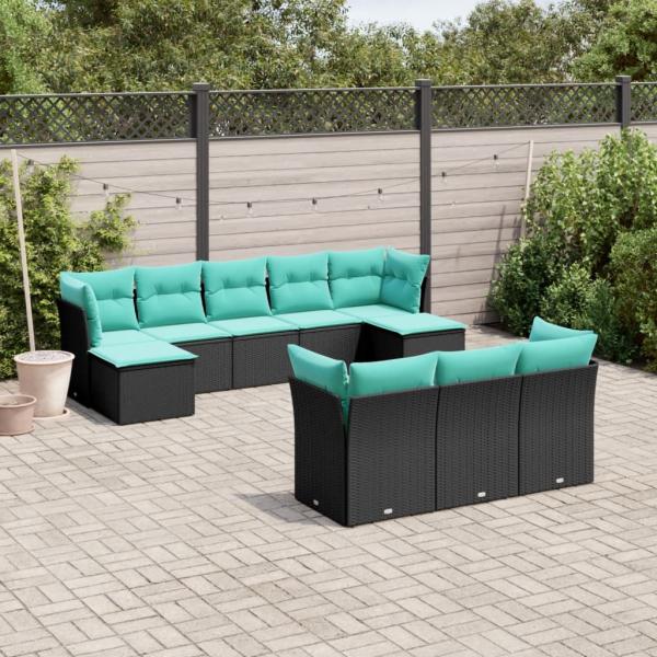 ARDEBO.de - 10-teiliges Gartensofa-Set mit Kissen, schwarzes Polyrattan