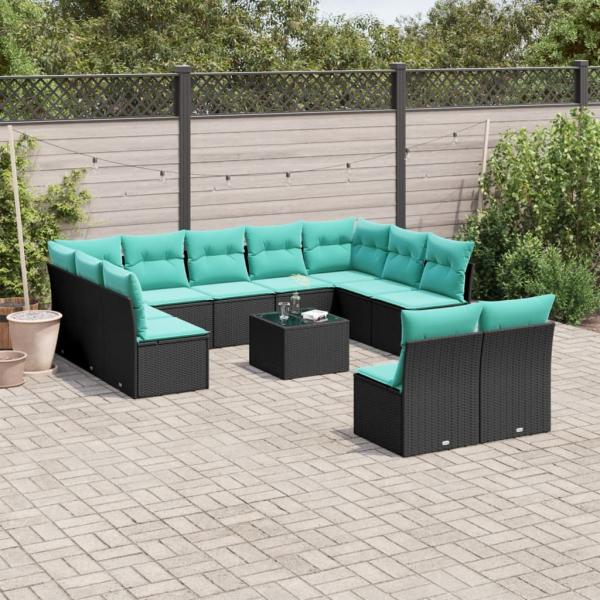 ARDEBO.de - 12-teiliges Gartensofa-Set mit Kissen, schwarzes Polyrattan