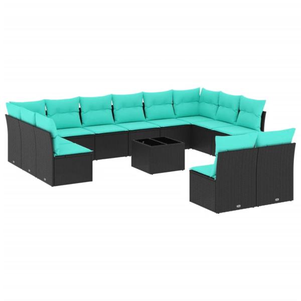 13-teiliges Gartensofa-Set mit Kissen, schwarzes Polyrattan