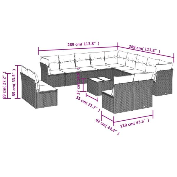 13-teiliges Gartensofa-Set mit Kissen, schwarzes Polyrattan