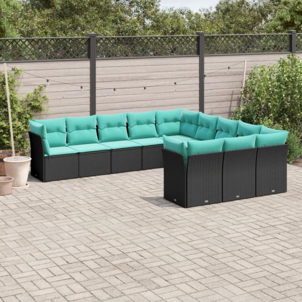 ARDEBO.de - 11-teiliges Gartensofa-Set mit Kissen, schwarzes Polyrattan