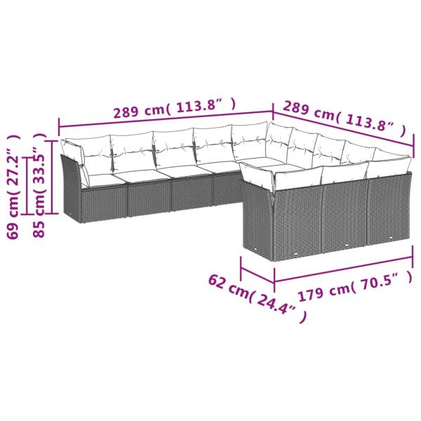 11-teiliges Gartensofa-Set mit Kissen, schwarzes Polyrattan