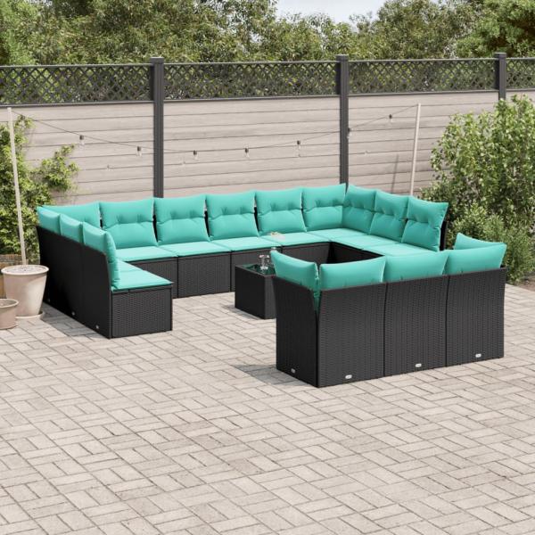 ARDEBO.de - 14-teiliges Gartensofa-Set mit Kissen, schwarzes Polyrattan