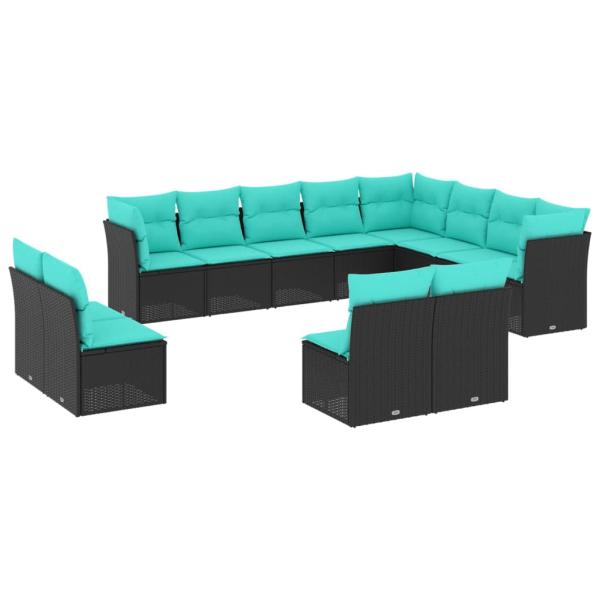 12-teiliges Gartensofa-Set mit Kissen, schwarzes Polyrattan
