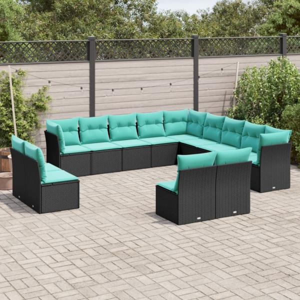 ARDEBO.de - 13-teiliges Gartensofa-Set mit Kissen, schwarzes Polyrattan