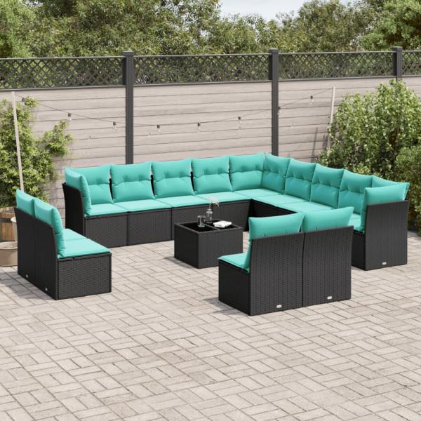 ARDEBO.de - 14-teiliges Gartensofa-Set mit Kissen, schwarzes Polyrattan