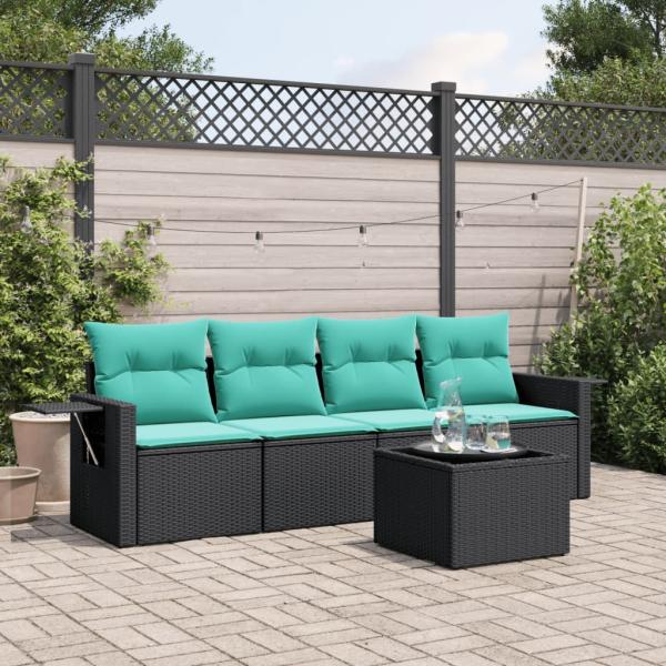 ARDEBO.de - 5-teiliges Gartensofa-Set mit Kissen, schwarzes Polyrattan