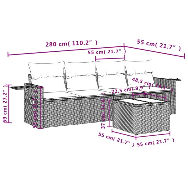 5-teiliges Gartensofa-Set mit Kissen, braun, Polyrattan