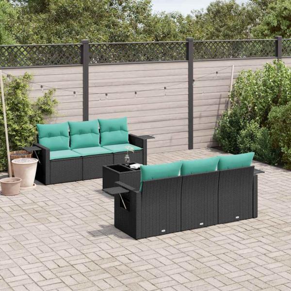 ARDEBO.de - 7-teiliges Gartensofa-Set mit Kissen, schwarzes Polyrattan