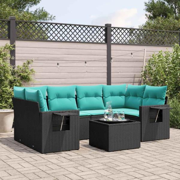 ARDEBO.de - 7-teiliges Gartensofa-Set mit Kissen, schwarzes Polyrattan