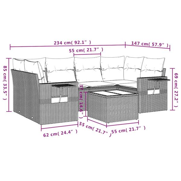 7-teiliges Gartensofa-Set mit Kissen, schwarzes Polyrattan
