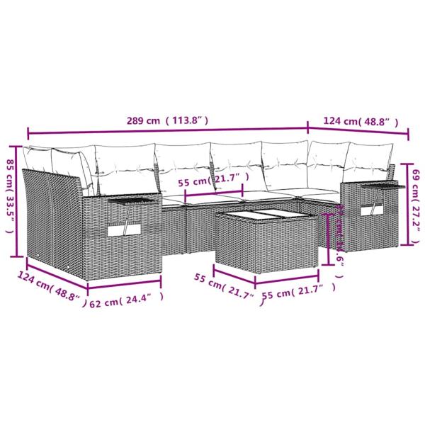 8-teiliges Gartensofa-Set mit Kissen, schwarzes Polyrattan