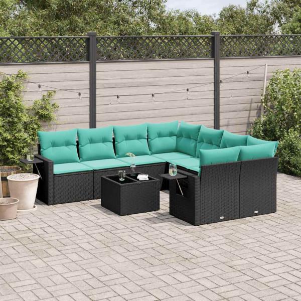 ARDEBO.de - 9-teiliges Gartensofa-Set mit Kissen, schwarzes Polyrattan