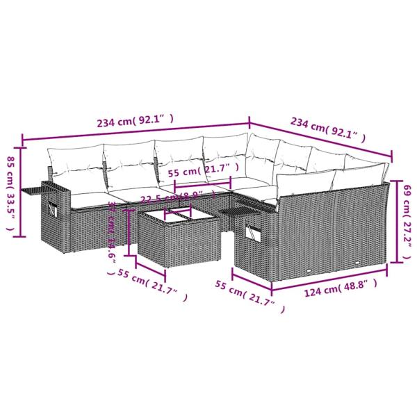 9-teiliges Gartensofa-Set mit Kissen, grau, Polyrattan
