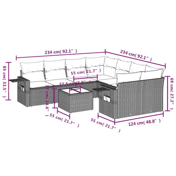 9-teiliges Gartensofa-Set mit Kissen, braun, Polyrattan